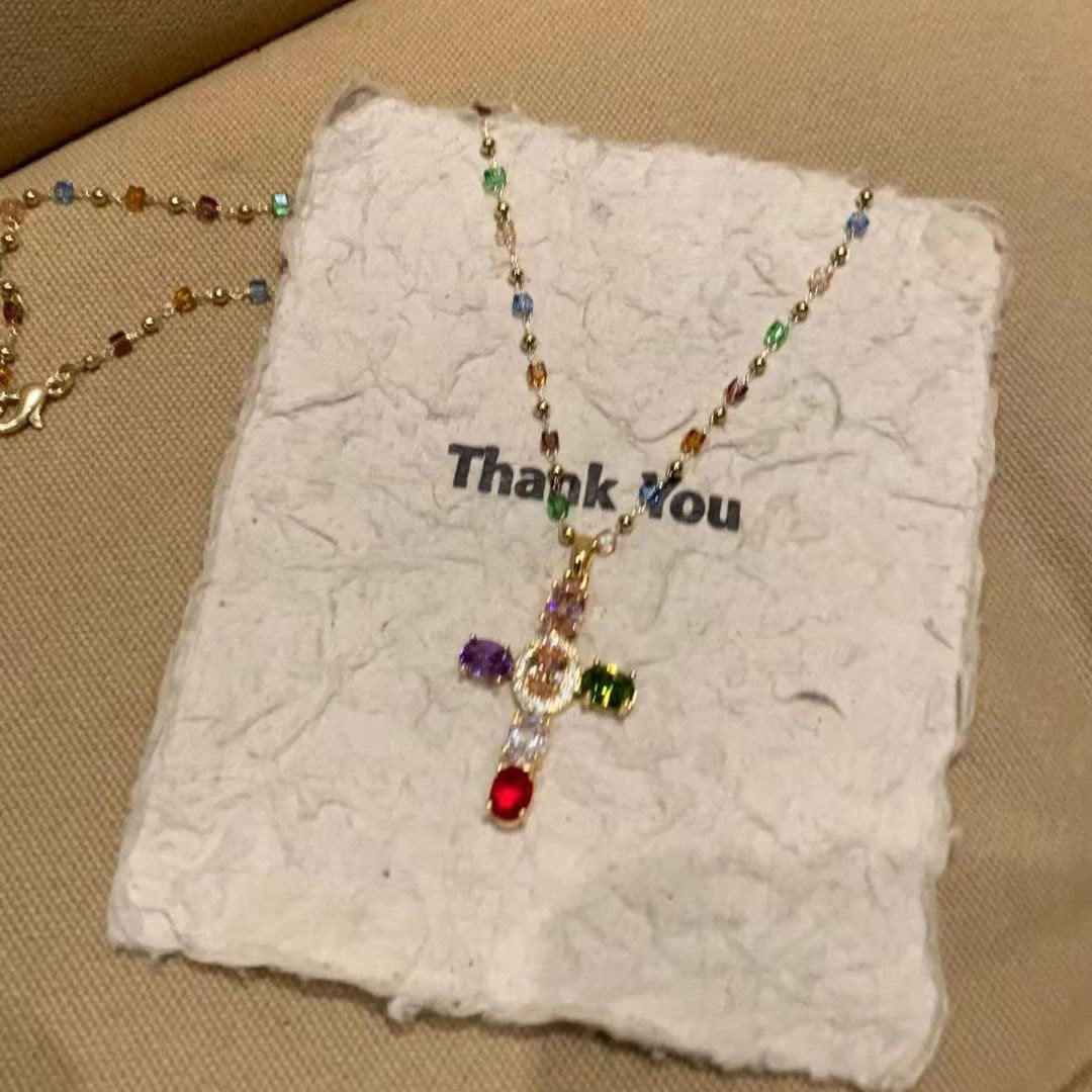 Rainbow Cross Pendant Necklace - Dainty Multicolor Faith Cross Necklace