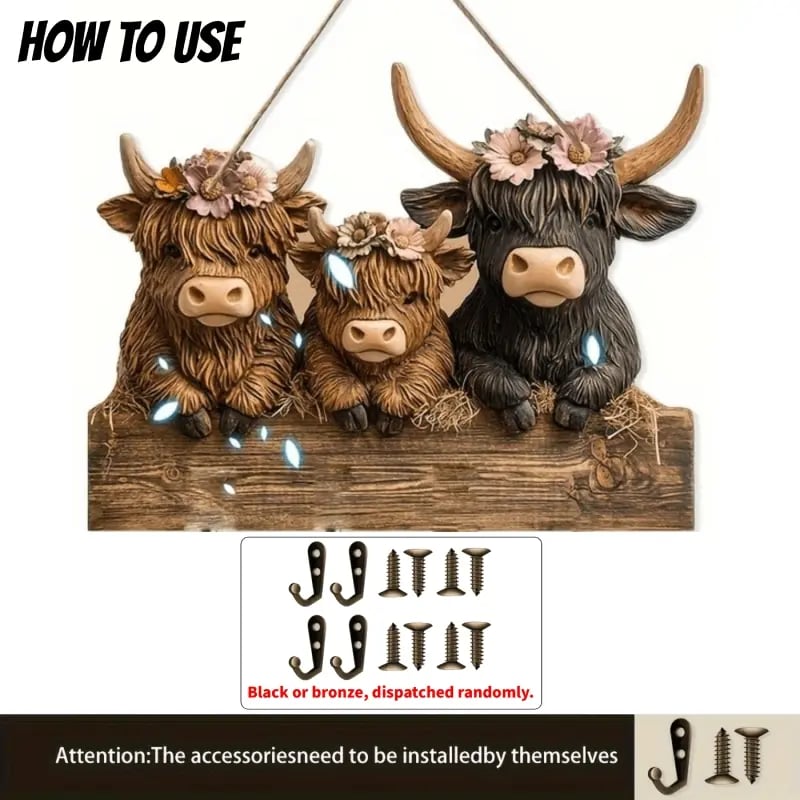 2D Rustic Highland Cow Wooden Ornament 🐮 | 9.8"x7.48" Hanging Decor with 3 Hooks | Easter/Christmas Gift for Animal Lovers 🌿