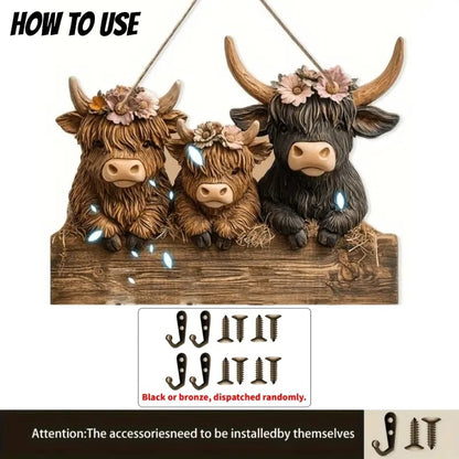 2D Rustic Highland Cow Wooden Ornament 🐮 | 9.8"x7.48" Hanging Decor with 3 Hooks | Easter/Christmas Gift for Animal Lovers 🌿