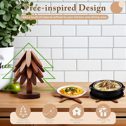 Natural Tree Trivet Set- 4 Trivets & 1 Stand - Heat-Resistant Foldable Design