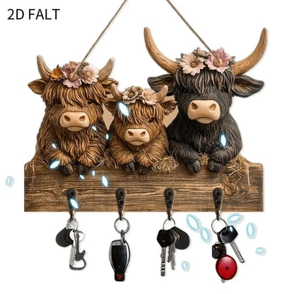 2D Rustic Highland Cow Wooden Ornament 🐮 | 9.8"x7.48" Hanging Decor with 3 Hooks | Easter/Christmas Gift for Animal Lovers 🌿