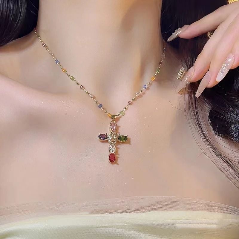 Rainbow Cross Pendant Necklace - Dainty Multicolor Faith Cross Necklace