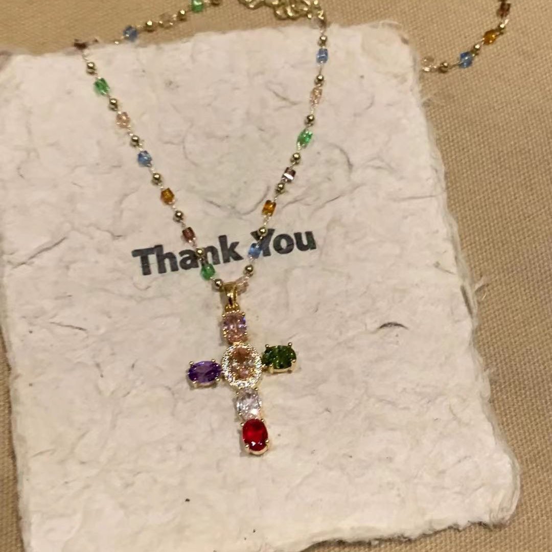 Rainbow Cross Pendant Necklace - Dainty Multicolor Faith Cross Necklace