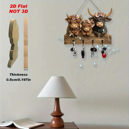 2D Rustic Highland Cow Wooden Ornament 🐮 | 9.8"x7.48" Hanging Decor with 3 Hooks | Easter/Christmas Gift for Animal Lovers 🌿