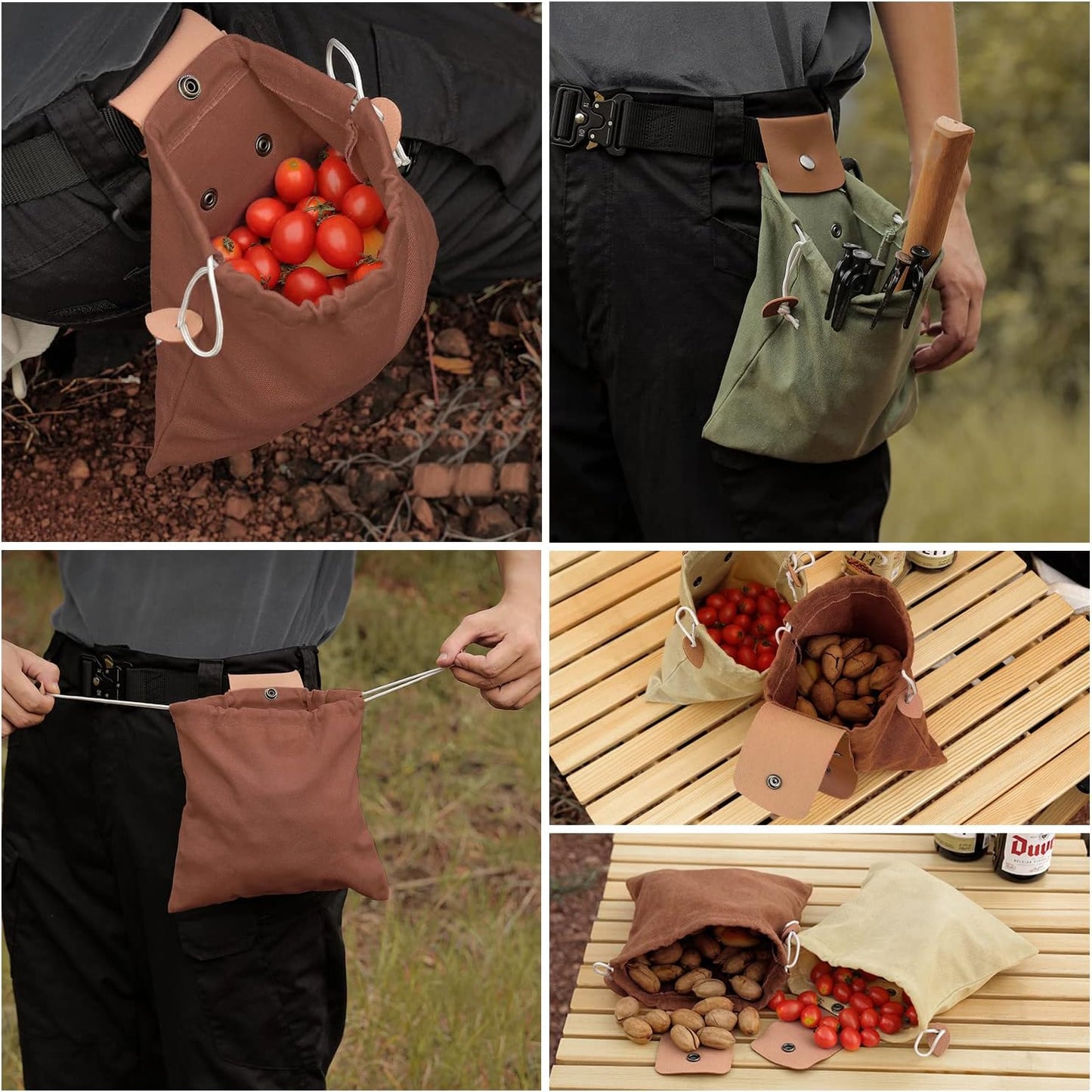 Foraging Bag, Outdoor Picking Fruit Bags, Waxed Canvas Foraging Pouch, Foldable Leather Belt Pouch with Drawstring Multi-Purpose Picking Bag for Camping, Shells, Treasures, Travel, Hiking