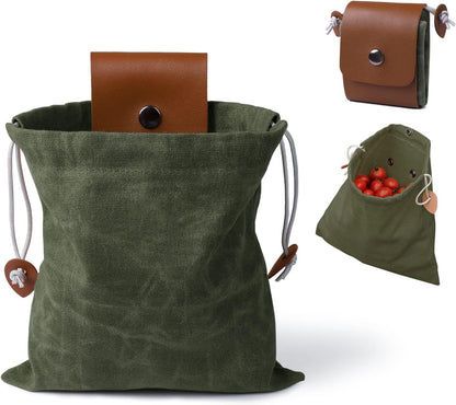 Foraging Bag, Outdoor Picking Fruit Bags, Waxed Canvas Foraging Pouch, Foldable Leather Belt Pouch with Drawstring Multi-Purpose Picking Bag for Camping, Shells, Treasures, Travel, Hiking