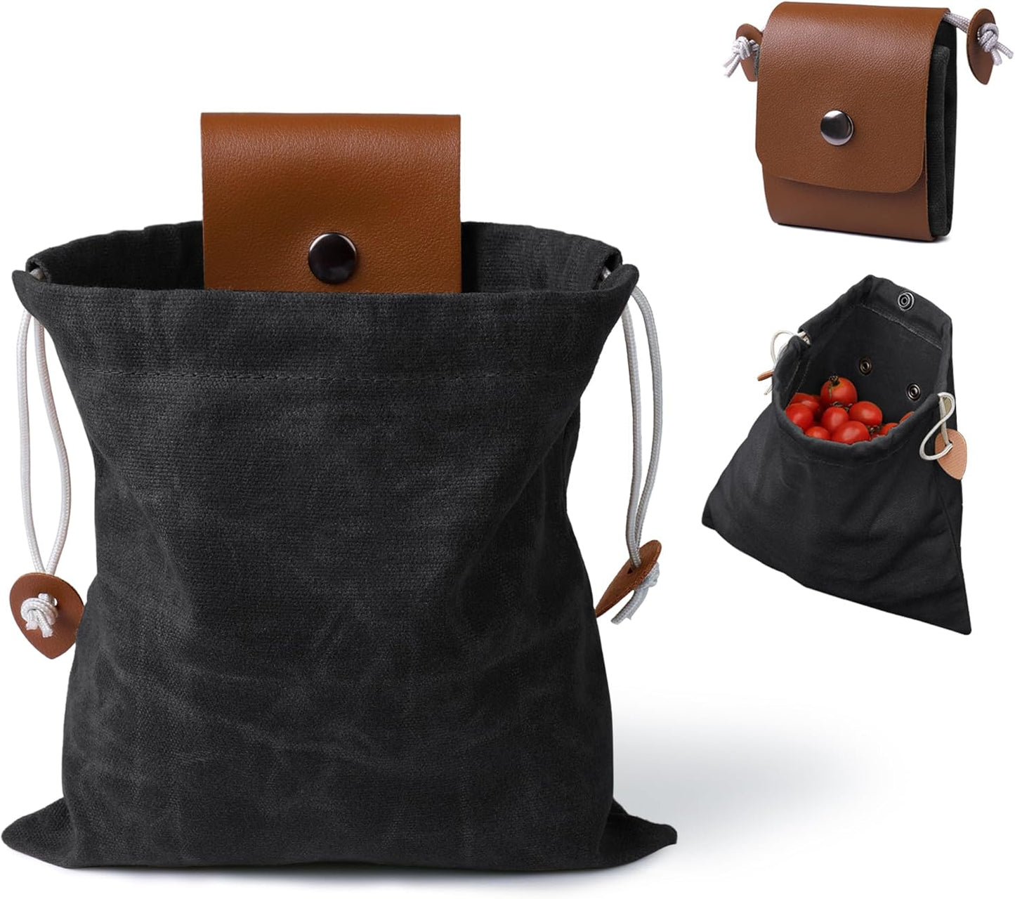 Foraging Bag, Outdoor Picking Fruit Bags, Waxed Canvas Foraging Pouch, Foldable Leather Belt Pouch with Drawstring Multi-Purpose Picking Bag for Camping, Shells, Treasures, Travel, Hiking