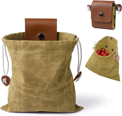 Foraging Bag, Outdoor Picking Fruit Bags, Waxed Canvas Foraging Pouch, Foldable Leather Belt Pouch with Drawstring Multi-Purpose Picking Bag for Camping, Shells, Treasures, Travel, Hiking