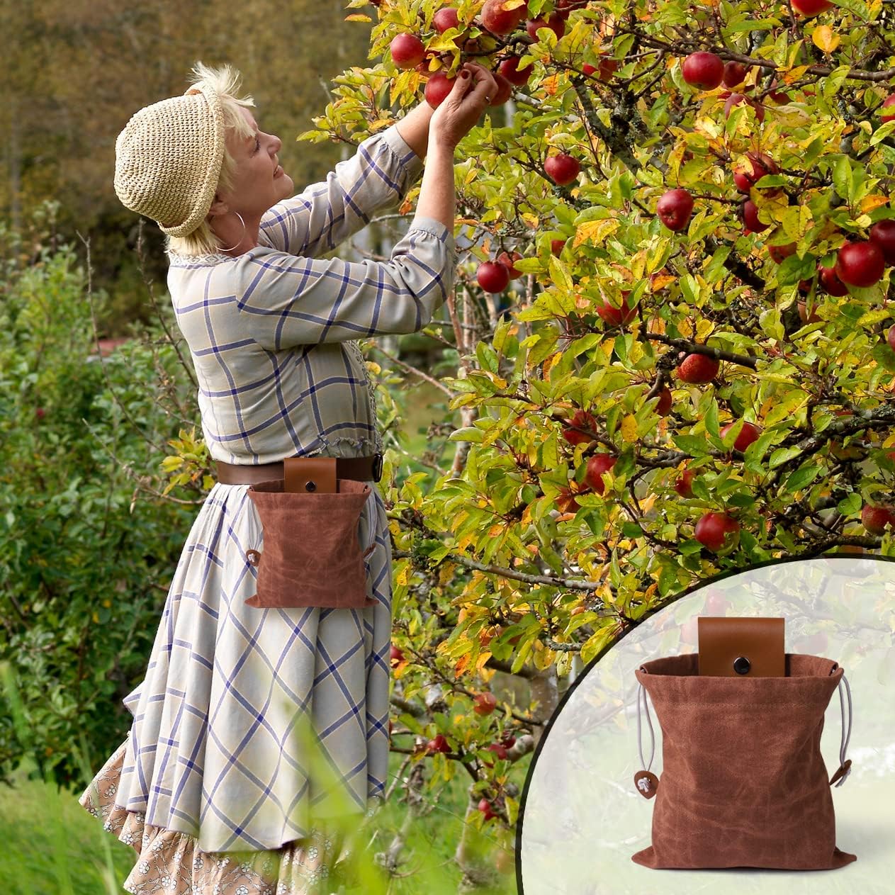 Foraging Bag, Outdoor Picking Fruit Bags, Waxed Canvas Foraging Pouch, Foldable Leather Belt Pouch with Drawstring Multi-Purpose Picking Bag for Camping, Shells, Treasures, Travel, Hiking