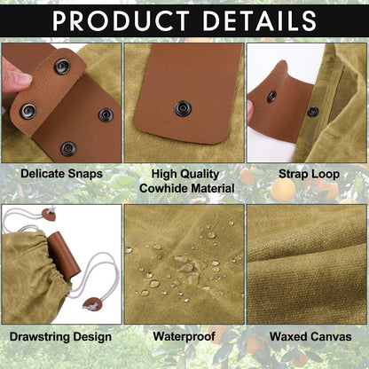 Foraging Bag, Outdoor Picking Fruit Bags, Waxed Canvas Foraging Pouch, Foldable Leather Belt Pouch with Drawstring Multi-Purpose Picking Bag for Camping, Shells, Treasures, Travel, Hiking