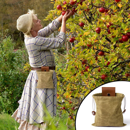 Foraging Bag, Outdoor Picking Fruit Bags, Waxed Canvas Foraging Pouch, Foldable Leather Belt Pouch with Drawstring Multi-Purpose Picking Bag for Camping, Shells, Treasures, Travel, Hiking