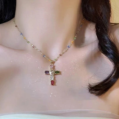 Rainbow Cross Pendant Necklace - Dainty Multicolor Faith Cross Necklace