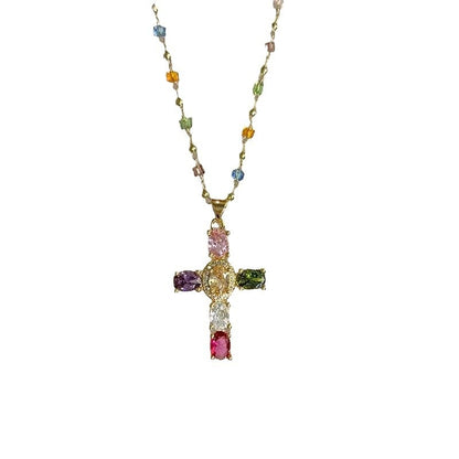 Rainbow Cross Pendant Necklace - Dainty Multicolor Faith Cross Necklace